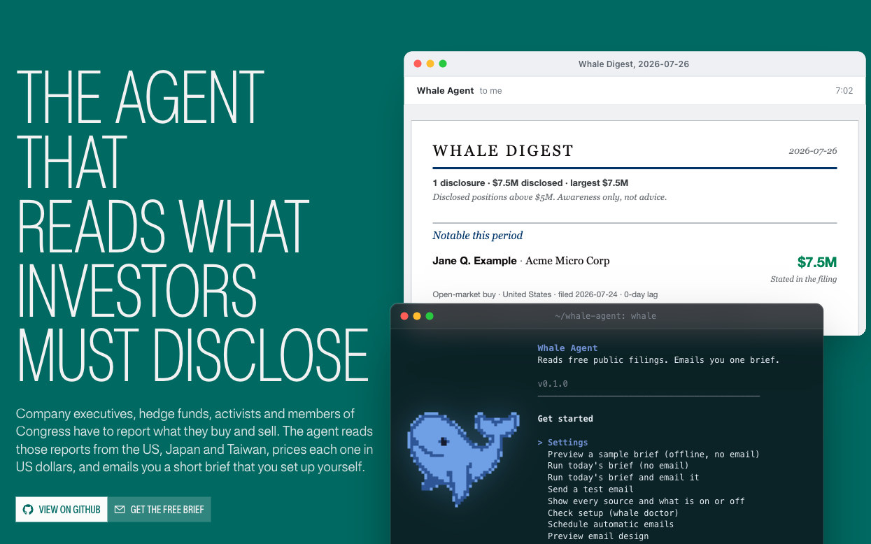 The Whale Agent site and a sample daily digest